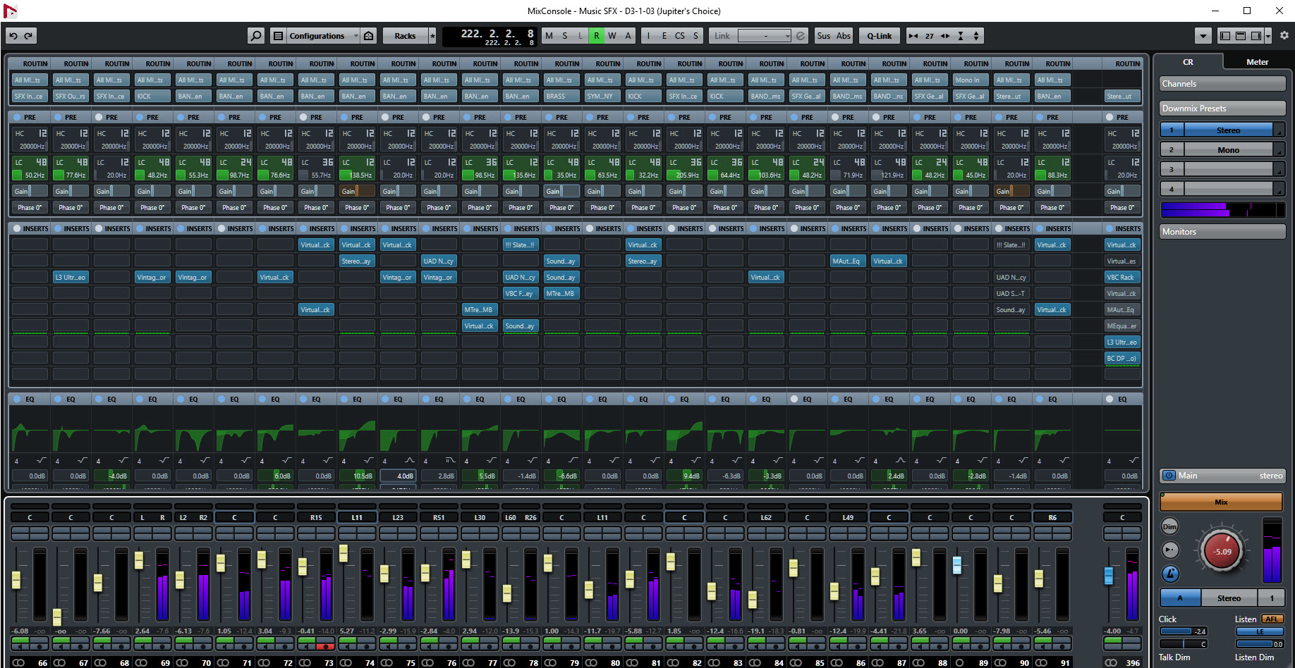 — Image above of a section of Steinberg audio-production software ‘Nuendo’ DAW — audio mixer window for ‘Jupiter’s Choice’ online slot game, with over 200 audio tracks of digital instruments, audio recordings, voice overs and sound effects) —